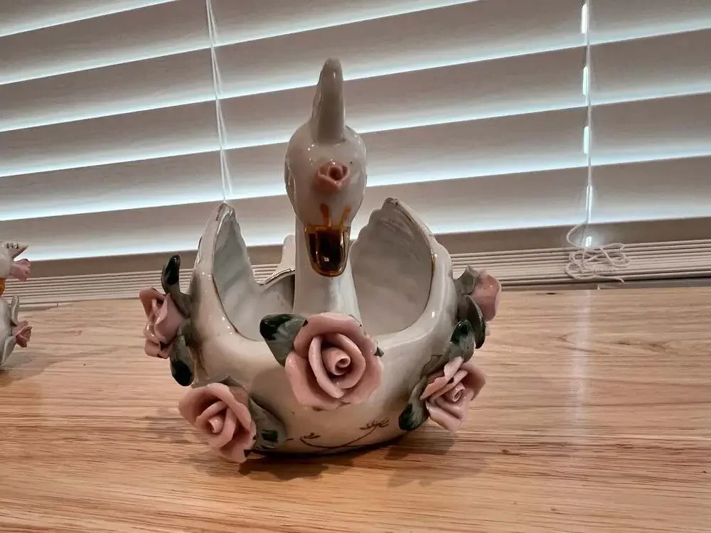 Vintage Porcelain Swan Trinket Dishes with Applied Floral Roses and Gold Trim